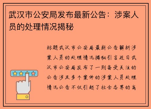 武汉市公安局发布最新公告：涉案人员的处理情况揭秘