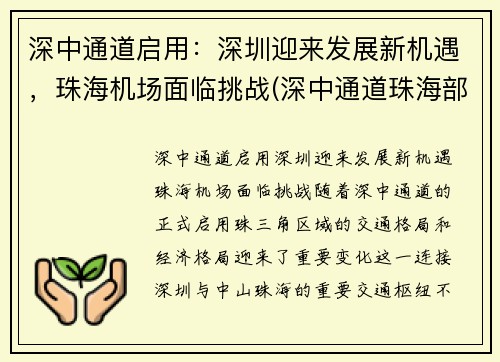 深中通道启用：深圳迎来发展新机遇，珠海机场面临挑战(深中通道珠海部分在哪里)