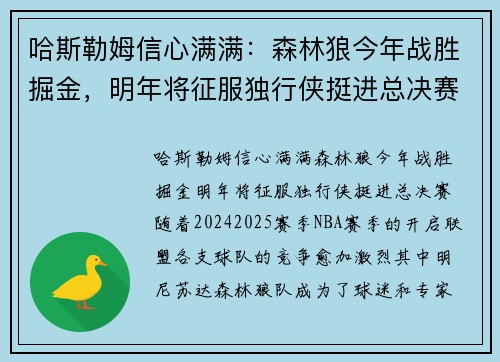 哈斯勒姆信心满满：森林狼今年战胜掘金，明年将征服独行侠挺进总决赛