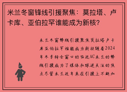 米兰冬窗锋线引援聚焦：莫拉塔、卢卡库、亚伯拉罕谁能成为新核？