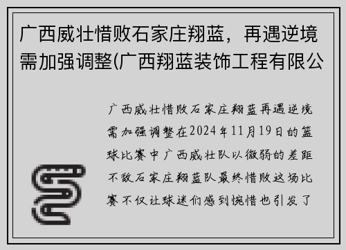 广西威壮惜败石家庄翔蓝，再遇逆境需加强调整(广西翔蓝装饰工程有限公司)