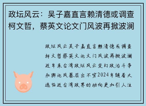 政坛风云：吴子嘉直言赖清德或调查柯文哲，蔡英文论文门风波再掀波澜